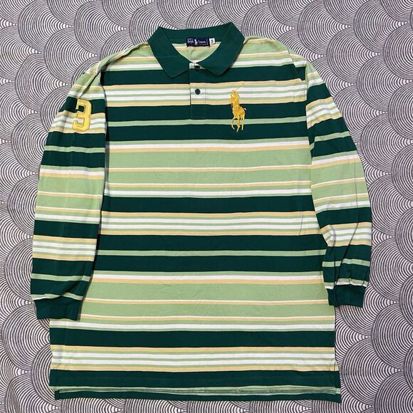 Vtg Polo Ralph Lauren Big Pony Striped Rugby Shirt Full Sleeves USA Made Men 5X - Picture 1 of 11